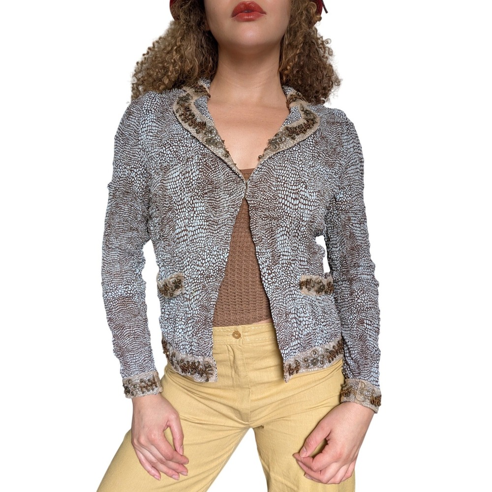 Vintage Y2K 90s Roberto Cavalli Style Abstract Corn Flower Blue Beaded Cardigan